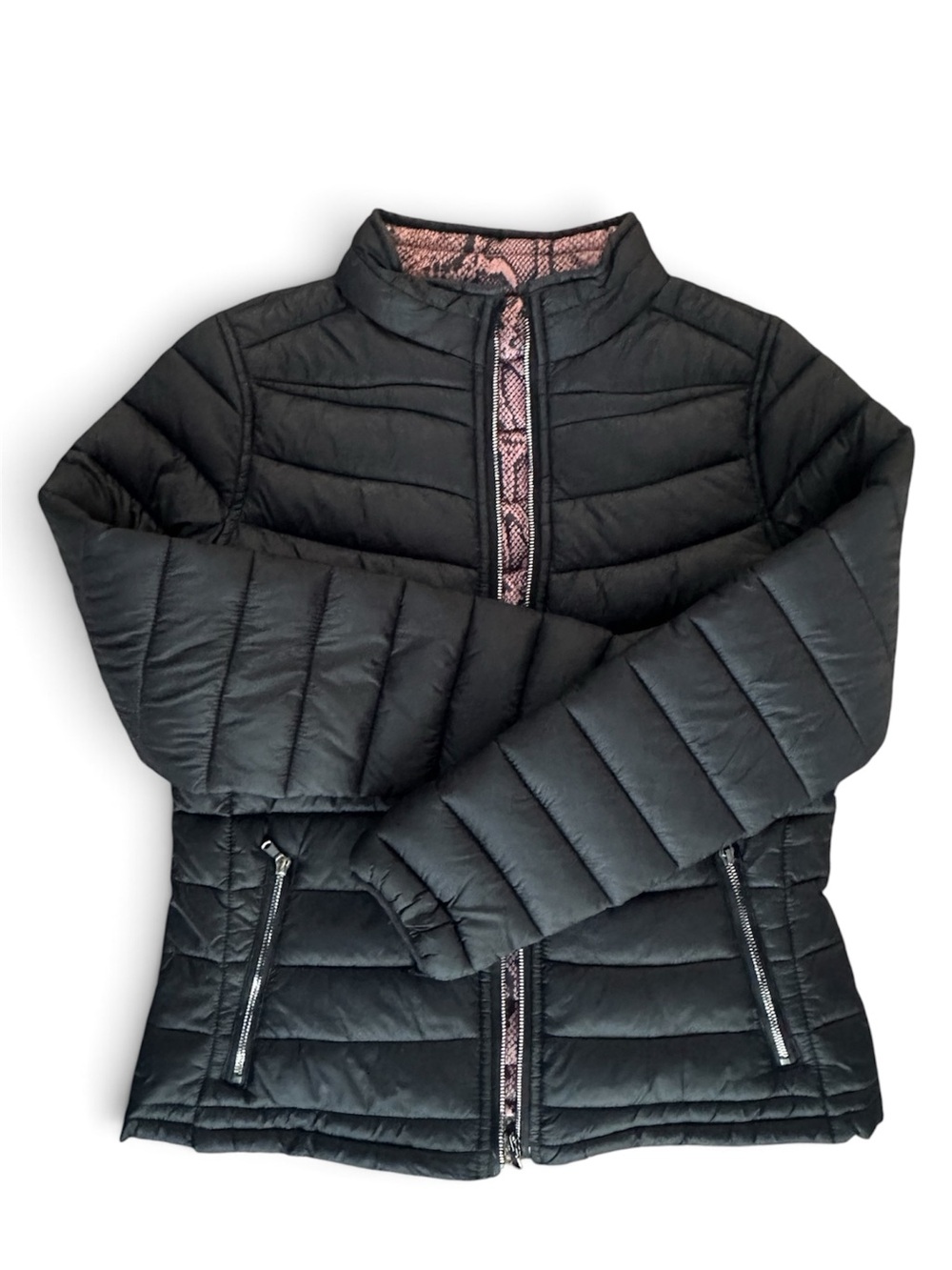 Reversible Black Puffer Jacket with Pink Snake-Print Lining Best for size M